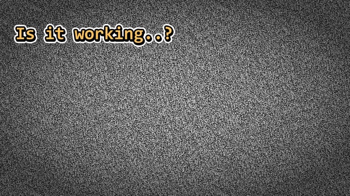 Panel 1. The screen is filled with static. An unknown voice asks: Is it working?