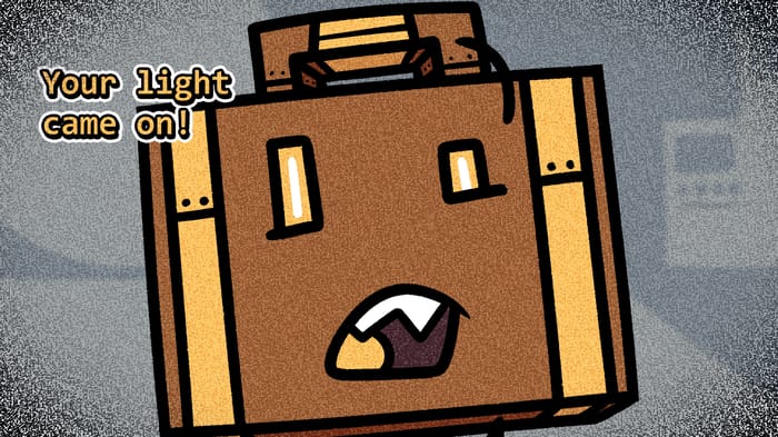 Panel 2. The static clears up. The voice is revealed to be Botcase, who exclaims: Your light came on!
